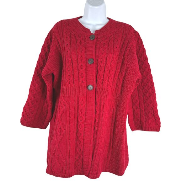 Kilronan Fisherman Cardigan Sweater Large Red Merino Wool Cable Knit CJ-2190 - Picture 1 of 7